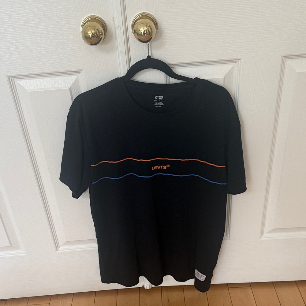 Levi's Black Short-Sleeve Tee with Orange & Blue Wave Stripes